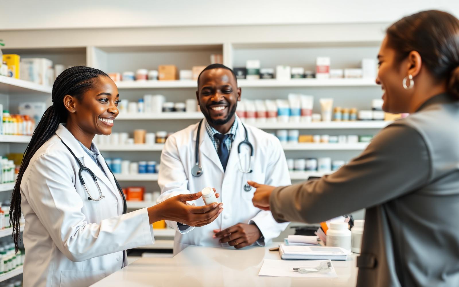 Pharmacist handing medication to a patient at a bright pharmacy counter