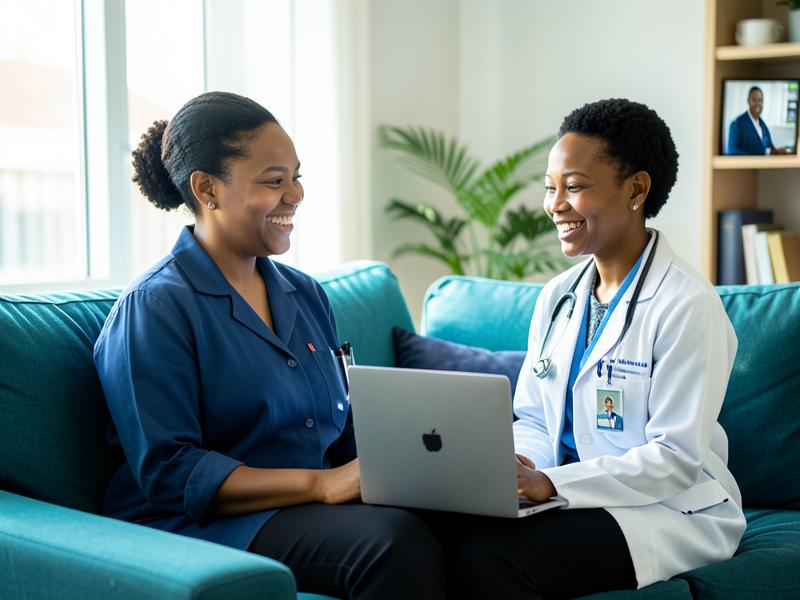 Nigerian patient consulting a doctor on a laptop from home