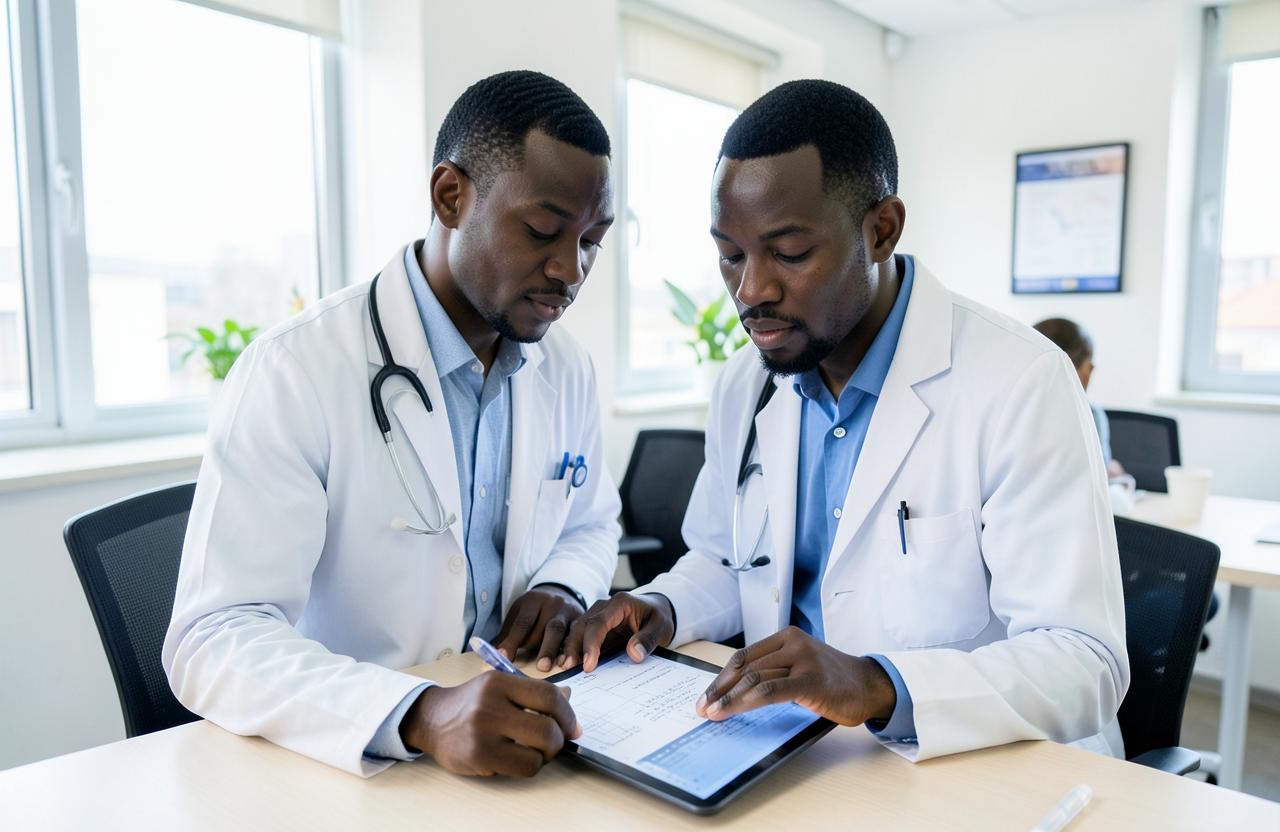 Doctors reviewing a patient chart in a clinic