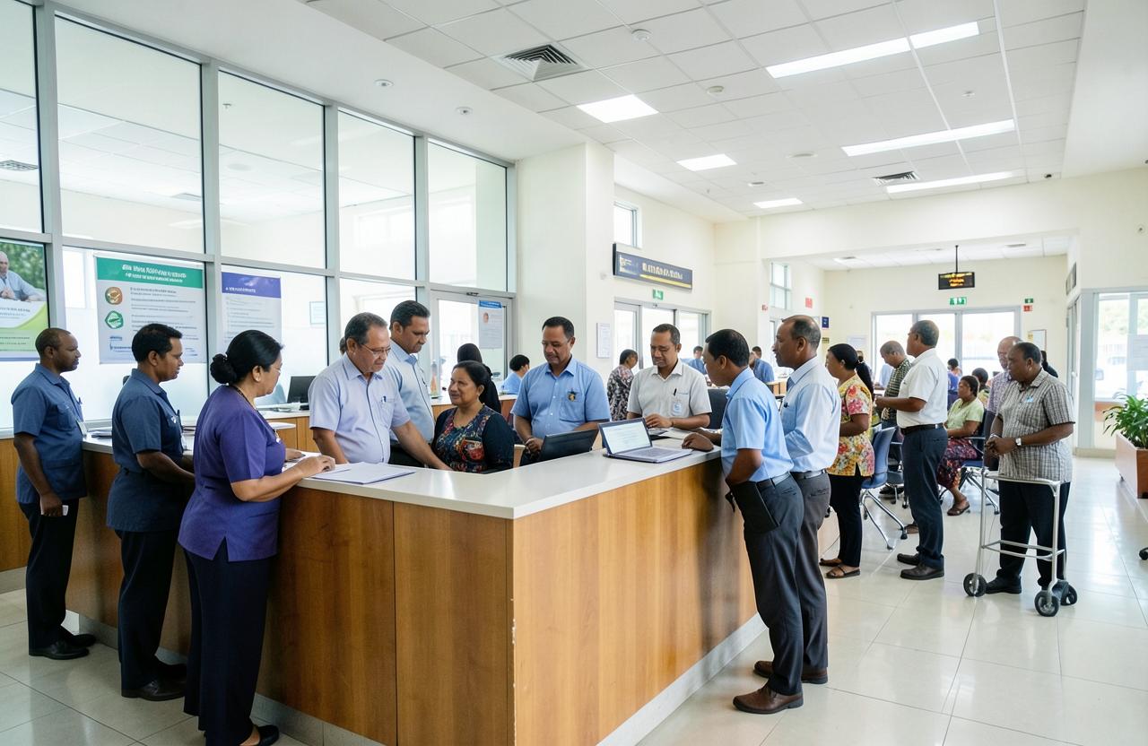 Hospital reception team attending to patients