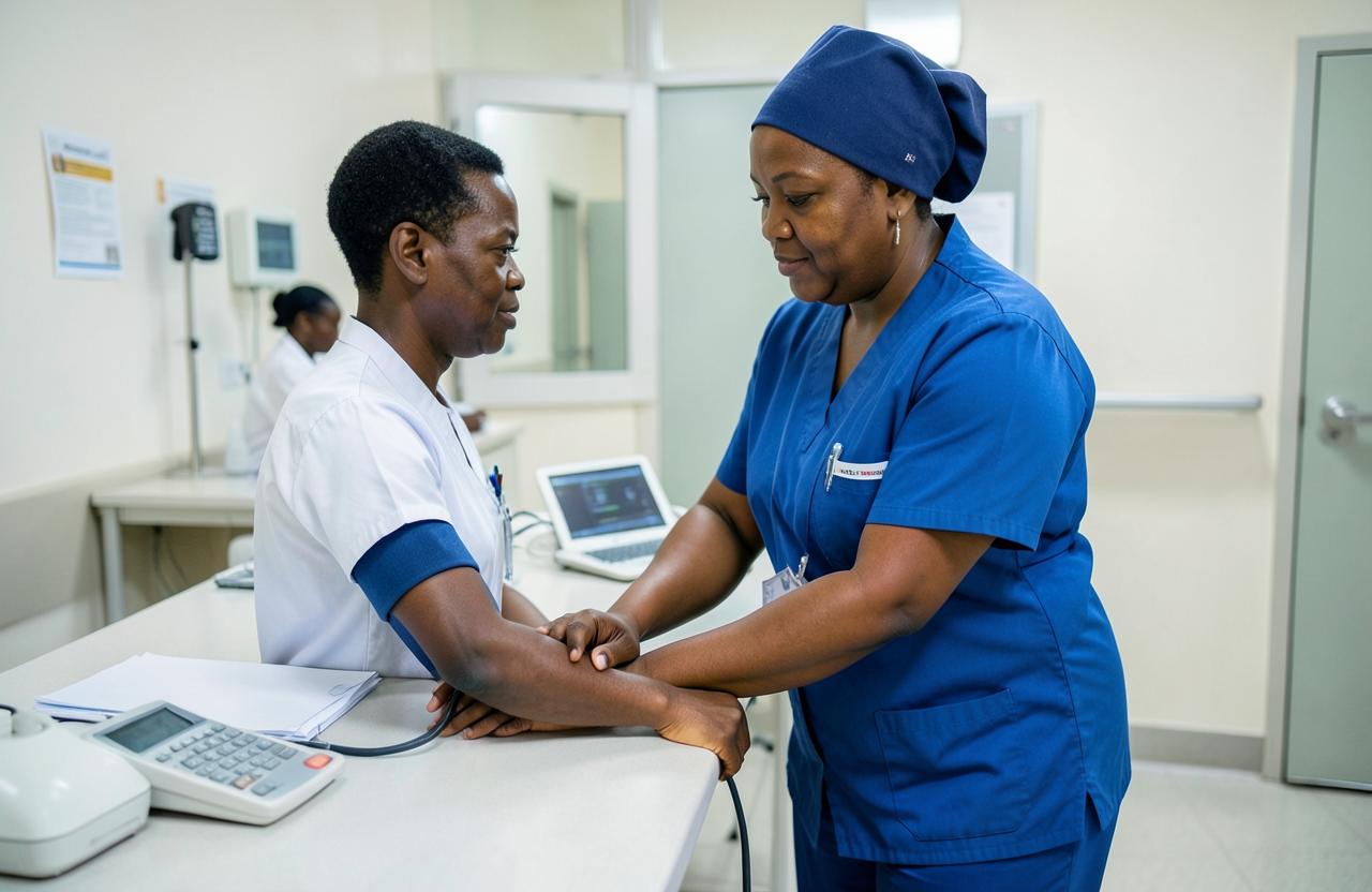 Nurse taking a patient's blood pressure at triage