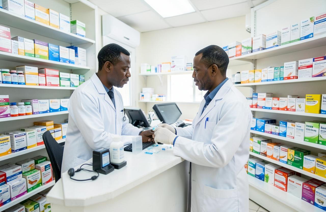 Pharmacist dispensing medication at the counter
