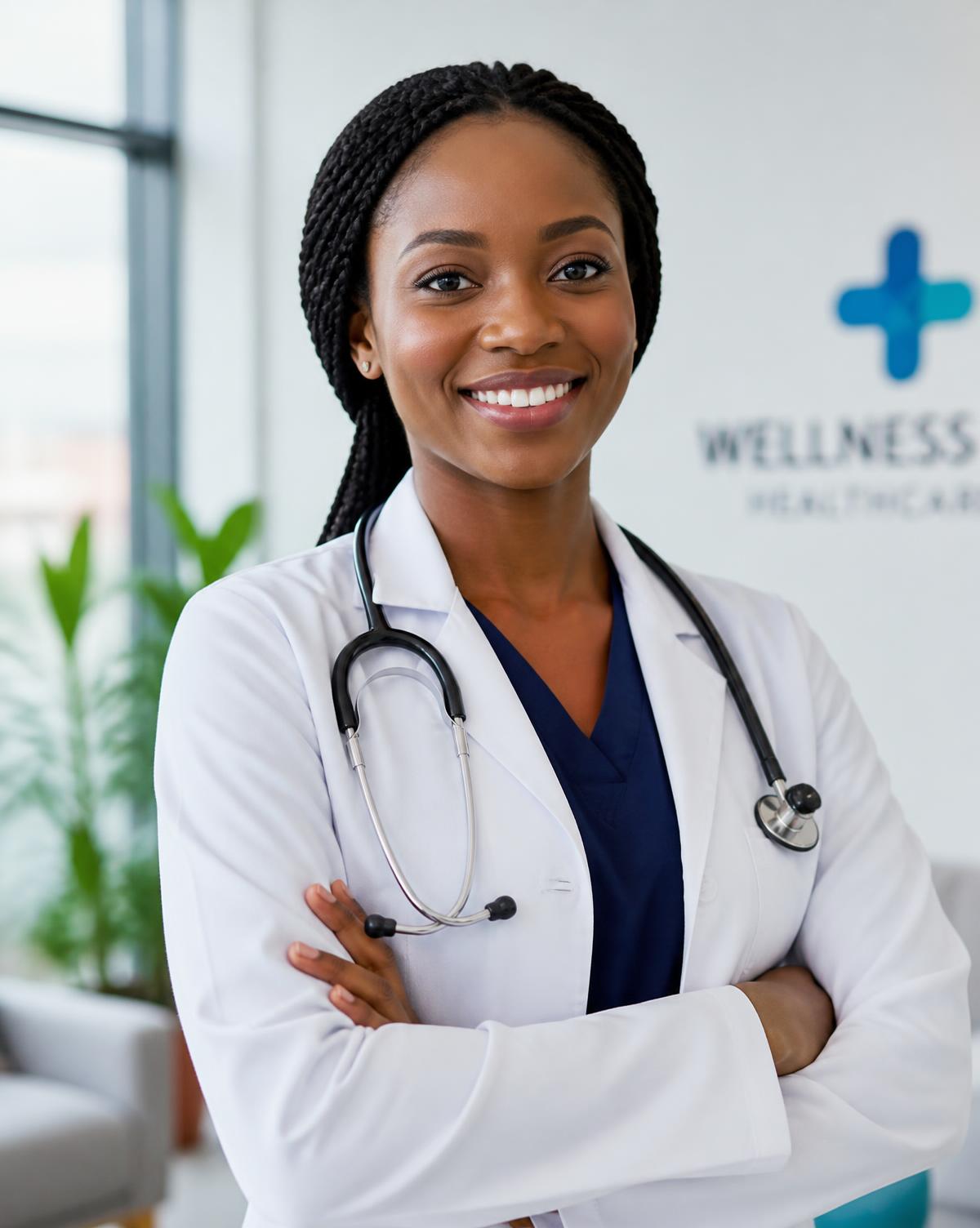 Nigerian doctor in a white coat with a stethoscope