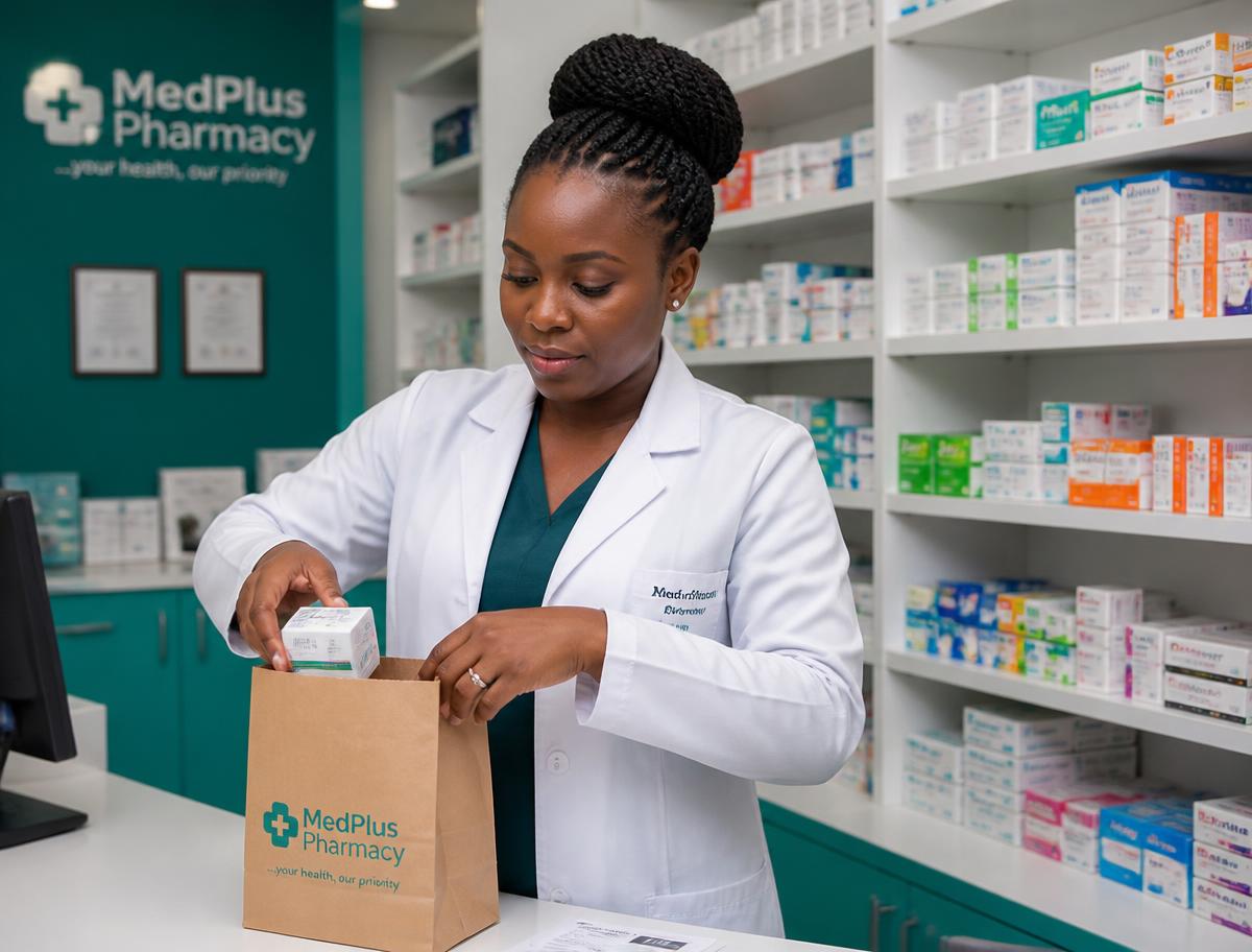 Pharmacist packing a medication delivery order