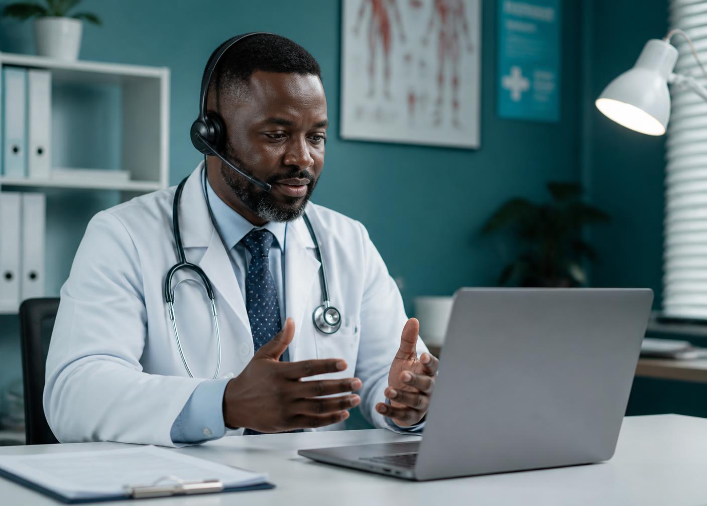 Nigerian doctor conducting a telemedicine video consultation